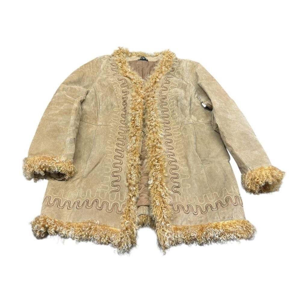VTG Penny Lane Genuine Suede Shearling Trim Coat Beige Curly Fur Open Front M/L